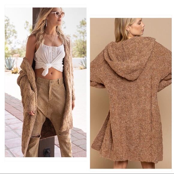 Wool  Blend Chunky Boucle knit Hooded Cardigan in Caramel - Picture 5 of 15